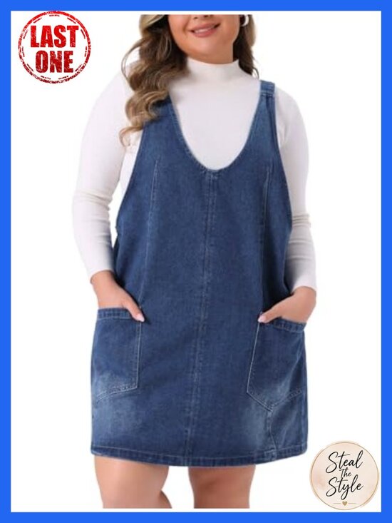 Dresses & Skirts - Plus Size Denim Overall Dress Sleeveless V Neck Mini Jumper with Pockets